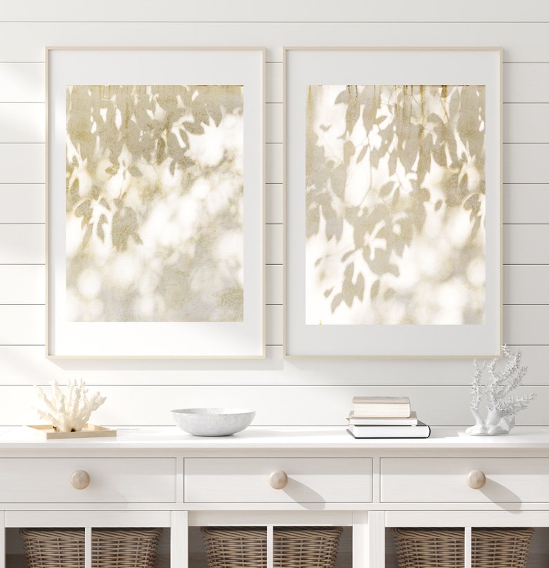 Bright Leaves Wall Art Set, Home Decor Print Set, Neutral Photography Prints, Boho Home, Taupe and White Decorating image 2