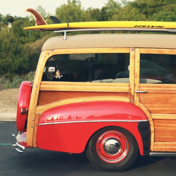 California Woody Car drucken, Küsten Home Decor, Strand-Fotografie, Vintage Auto Foto, jugendlich Raum Kunst