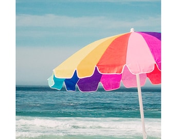 Beach Photography, Coastal, Cottage Decor, Fine Art Print, Summer Art, Children's Room, Nursery Art, Colorful Beach Umbrella