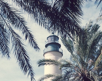 Vintage Travel Scene, Lighthouse, Palm Trees Image, Photography Print, 1960's, Wall Decor, Mid Century Modern Print