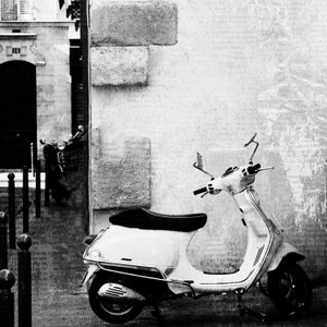 パリの写真、パリの白黒写真、美術写真、パリのベスパ、12x12 プリント