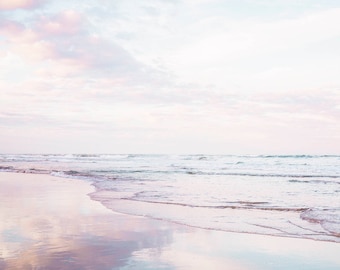 Beach Photo, Waves Sky Print, Pink Sunset Print, Ocean Image, Coastal Home Decor