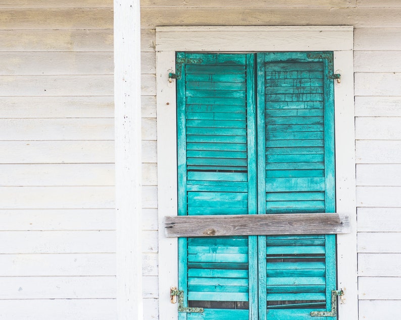 Turquoise Shutters Photo, Turquoise Home Decor Vintage Shutters Photograph, Cindy Taylor Print. Coastal Home Decor, Beach House Art, image 2