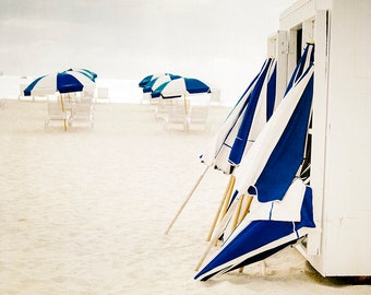 Beach Umbrellas Print, Blue and White Photo, Beach Print, Coastal Home Decor, Large Wall Art, Nautical Photography