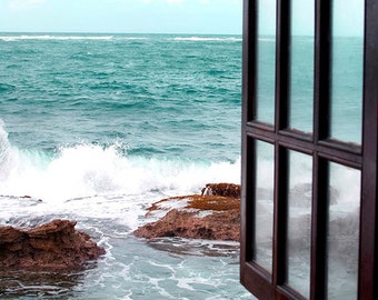 Turquoise Sea Art Print Coastal Beach Photography Window View Seaside Photo