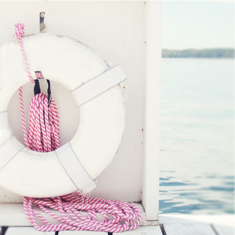 Beach Home Art, Life Preserver Photo, Coastal Home Decor, Nursery Art, Girls Room Print, Nautical Kids Art, Pink and White Nautical Print image 1