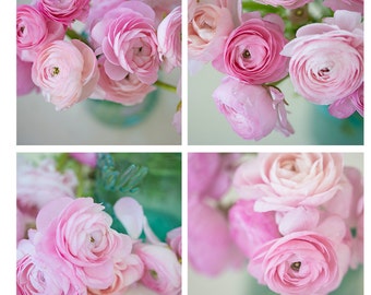 Pink Ranunculus Prints, Four Individual Images, Pink Flower Photo , Nursery Decor, Girls Bedroom Art, Shabby Chic Decor Nursery