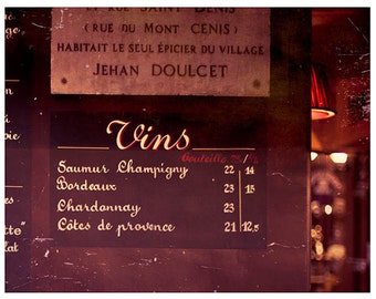 Paris Photography, Travel, Fine Art Photography, Wine List, Paris Cafe, Kitchen Art, Dining,16x20 Print