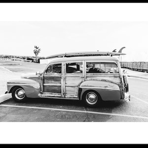 California Beach Art Print, Coastal Home Decor, Gifts for Him, Father&#39;s Day Gift, Beach House Art, Vintage Woody Car, Surf Art, Vintage Car
