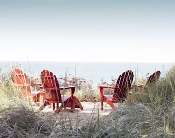 Adirondack Chairs Print, Beach Photo, Coastal Photo, Beach Home Decor, Red and Blue Art, Etsy wall art