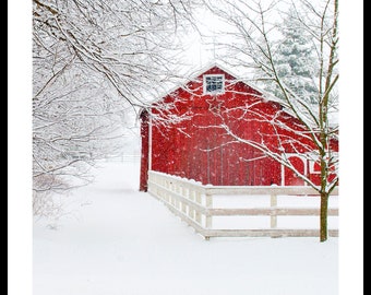 Red Barn In Snow Print, Barn Landscape Photo, Modern Country Home Wall Art, Winter Snow Photography, Rustic Wall Decor