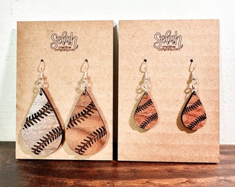 Wooden Baseball Teardrop Earrings