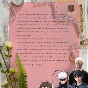 May include: A pink letter with handwritten text, a stamp, and a decorative floral border. A string of clear beads, a small candle, and illustrations of anime characters surround the letter. The text reads "My Princess..."