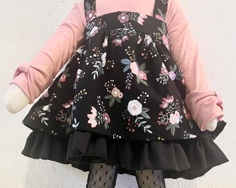 Black Rose Print Ruffle Pinafore Dress for Girls 9M-12Yrs / Fall and Winter Dress / Floral Dress