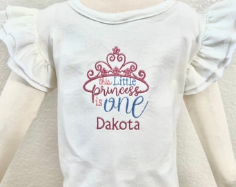 Personalized Princess Tiara Birthday Embroidery Double Flutter Sleeve Shirt / Ruffle Sleeve Top for Girls / Birthday Ruffle Top