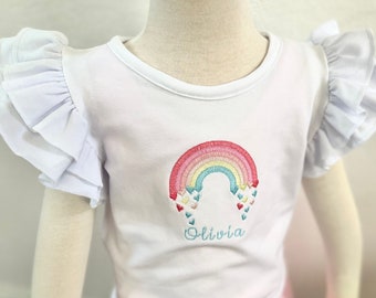 Personalized Heart Rainbow Embroidery Double Flutter Sleeve Shirt / Ruffle Sleeve Top for Girls