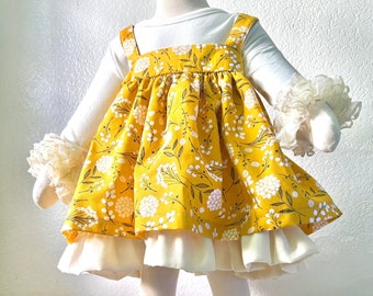 Mustard Floral Print Ruffle Pinafore Dress for Girls 9M-12Yrs / Fall and Winter Dress / Floral Dress