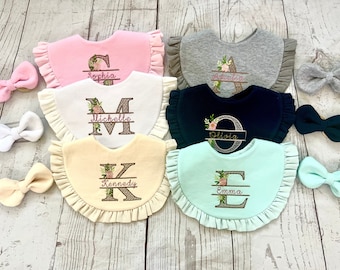 Personalized Ruffle Baby Bib and Matching Headband /Monogrammed Baby Bib / Soft and Absorbent Bib for Baby Girls / Baby Girls Bib / One Size