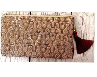 Brown & Gold Damask Embroidery Pouch with Tassel / Luxury Fabric Flat Pouch / Elegant Multipurpose Pouch / Gifts / Birthday / Wedding