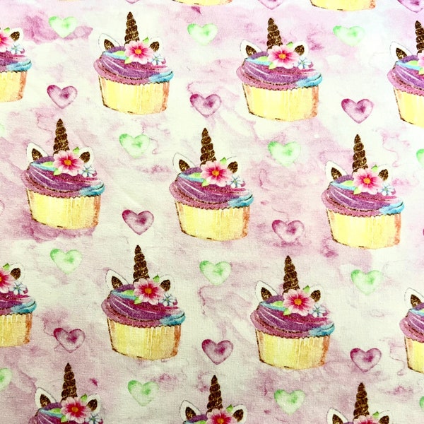 Unicorn Cupcakes Cotton Lycra Jersey Fabric by the Yard / Stretch Cotton Fabric /  Medium Weight Jersey Fabric