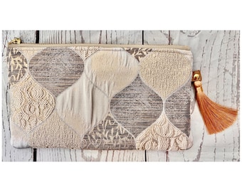 Brown & Gold Ogee Embroidery Pouch with Tassel / Luxury Fabric Flat Pouch / Elegant Multipurpose Pouch / Gifts / Birthday / Wedding