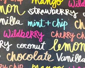 Ice Cream Flavor Print Cotton Jersey Fabric by the Yard / Stretch Cotton Fabric /  Medium Weight Jersey Fabric