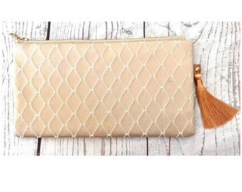 Gold Diamond Embroidery Pouch with Tassel / Luxury Fabric Flat Pouch / Elegant Multipurpose Pouch / Gifts / Birthday / Wedding