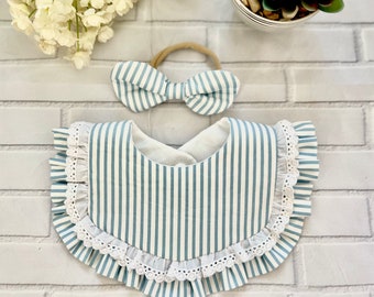 Light Blue Stripes Ruffle Baby Bib and Matching Headband /Baby Bib / Soft and Absorbent Bib for Baby Girls / Baby Girls Bib / One Size