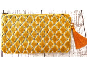 Mustard Yellow Diamond Velvet Pouch with Tassel / Imported Luxury Fabric Pouch / Elegant Multipurpose Pouch / Gifts / Birthday / Wedding