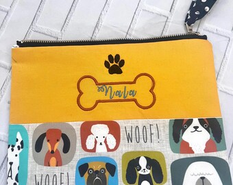 Personalized Woof Dog Flat Pouch with Pocket / Multipurpose Pouch / Pencil Pouch / Cosmetics Pouch / Dog Lover’s Gift
