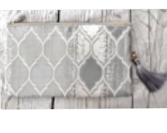 Blue & Gray Trellis Embroidery Pouch with Tassel / Luxury Fabric Flat Pouch / Elegant Multipurpose Pouch / Gifts / Birthday / Wedding