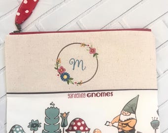 Personalized Garden Gnomes Flat Pouch with Pocket / Multipurpose Pouch / Pencil Pouch / Cosmetics Pouch / Gifts