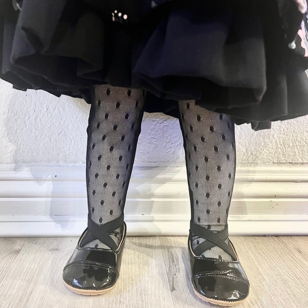 Black Polka Dot Lace Footed Leggings for Girls  / Lace Tights / Formal Tights / Girls Tights