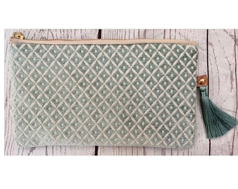 Mint Green Diamond Velvet Pouch with Tassel / Luxury Fabric Flat Pouch / Elegant Multipurpose Pouch / Gifts / Birthday / Wedding