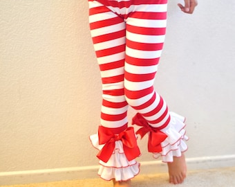 READY TO SHIP Size M7/8 Red & White Christmas Leggings with Large Triple Ruffles and Large Bows / Girls Leggings