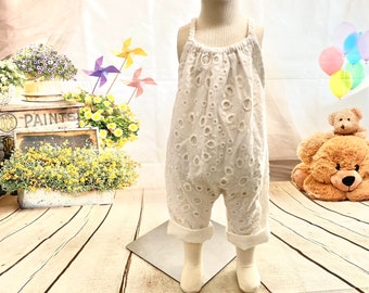 Eyelet Cotton Bubble Romper for Girls / Comfortable Romper with Roll-Up Legs