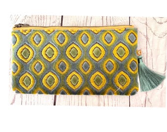 Jade and Lime Green Trellis Velvet Pouch with Tassel / Luxury Fabric Pouch / Elegant Multipurpose Pouch / Gifts / Birthday / Wedding