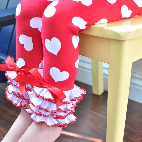 Heart Print Valentine's Day Leggings with White Full Ruffles / Baby Girls Leggings