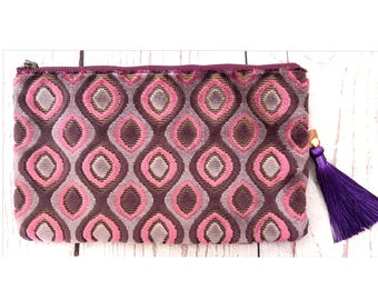 Plum and Purple Trellis Velvet Pouch with Tassel / Luxury Fabric Pouch / Elegant Multipurpose Pouch / Gifts / Birthday / Wedding