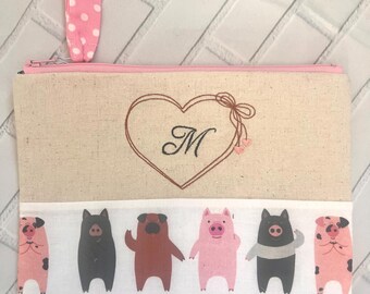 Personalized Piggy Friends Flat Pouch with Pocket / Multipurpose Pouch / Pencil Pouch / Cosmetics Pouch / Gifts