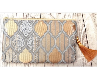 Blue & Gold Trellis Embroidery Pouch with Tassel / Luxury Fabric Flat Pouch / Elegant Multipurpose Pouch / Gifts / Birthday / Wedding