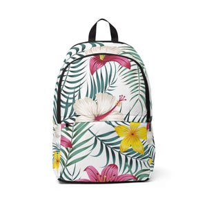 Tropical Floral Backpack, Cute Girl School Bag with Palm Leaves, Teen Bookbag with Hibiscus & Yellow Flowers, Summer Backpack Gift