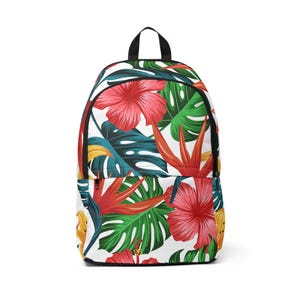 Mutiger tropischer Rucksack, Teenager-Mädchen-Büchertasche mit rotem Hibiskus und Palmenblättern, bunte Schultasche, Sommer-Dschungel-Blumenrucksack-Geschenk