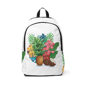 Tropical Fruit Backpack, Girls School Bookbag with Pineapple & Coconut Print, Teen Summer Bag with Hibiscus Flowers, Beach Vibes Gift