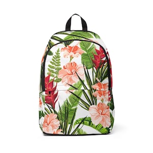 Tropical Floral Backpack, Girls School Bag with Peach Hibiscus & Palm Leaves, Teen Bookbag Gift, Summer Jungle Vibes Backpack
