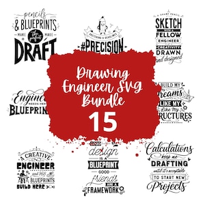 Puede incluir: Un conjunto de 15 diseños SVG para ingenieros y dibujantes, con frases como "Draft", "Sketch" y "Blueprint". Los diseños incluyen gráficos relacionados en blanco y negro, sobre un fondo rojo. El texto está en varias fuentes.