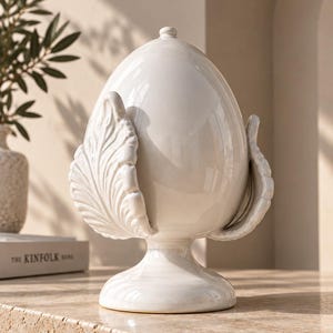 Può includere: Un ornamento a forma di pigna in ceramica bianca lucida, caratterizzato da un corpo centrale a uovo con dettagliate squame a foglia in rilievo sui lati. L'oggetto decorativo poggia su una base circolare e presenta una finitura liscia.