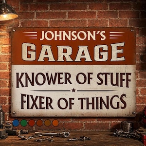 Placa de metal personalizada para garagem, decoração personalizada para garagem, placa para oficina mecânica, "Entendido em tudo, Consertador de coisas", presente para o pai que trabalha na garagem.