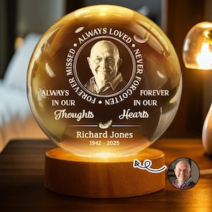 May include: A clear glass sphere, lit from within, featuring a portrait of a man and the inscription "Always Loved, Never Forgotten, Forever in Our Hearts, Always in Our Thoughts." The sphere sits on a wooden base, with the name "Richard Jones 1942-2025".