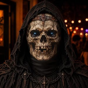 Puede incluir: Una máscara de calavera con ojos azules brillantes, usada bajo una capa oscura con capucha y bordes deshilachados. La máscara presenta una textura ósea desgastada con un detalle de corona metálica y una cadena con pequeños cráneos.
